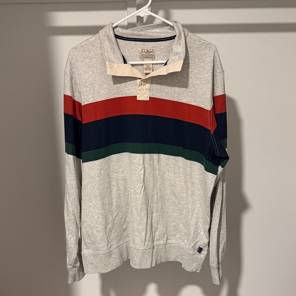 L.L. Bean Men's Gray Sweater with Red, Blue, and Green Stripes